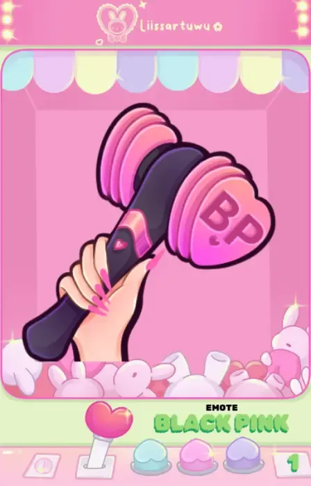 Black Pink light stick emote: pink and black hammer with a BP heart held by a hand with pink nails
