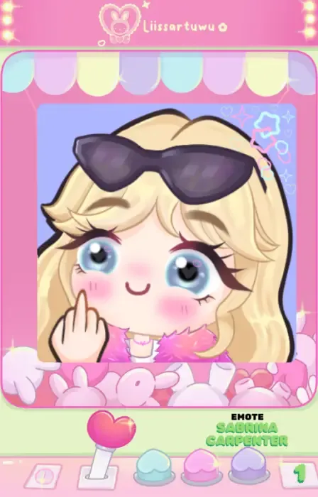 Chibi Sabrina Carpenter emote: blonde with blue eyes, sunglasses on her head and a sassy hand gesture