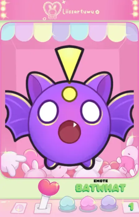 BatWhat emote: round purple bat with wide eyes, open mouth and a yellow exclamation mark