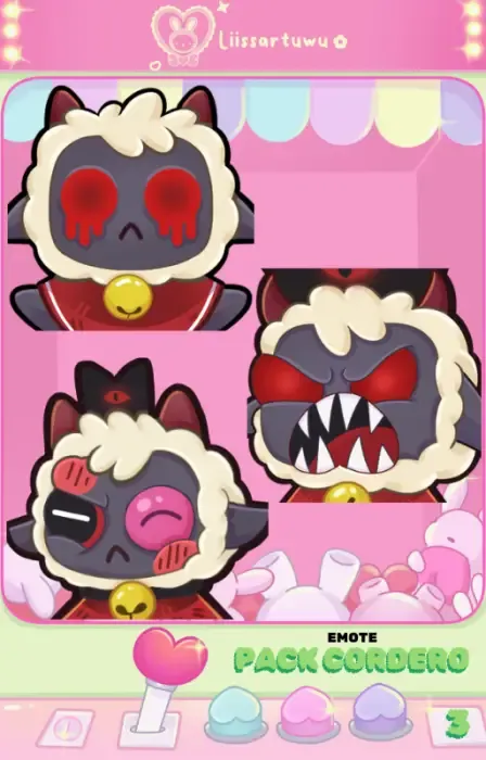 Three Cult of the Lamb Lamb emotes: one with bleeding red eyes, one with an eye patch and a pink eye, one with sharp teeth