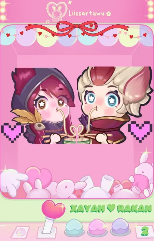 Xayah and Rakan from League of Legends eating noodles together, with pixel hearts on both sides
