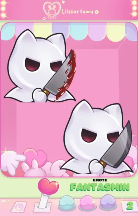 Two Fantasmin emotes, a white cat-eared ghost with a knife: one clean and one bloody