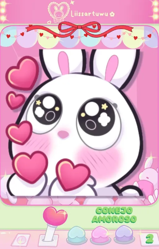 White bunny with sparkly star eyes, blushing cheeks and several pink hearts around it