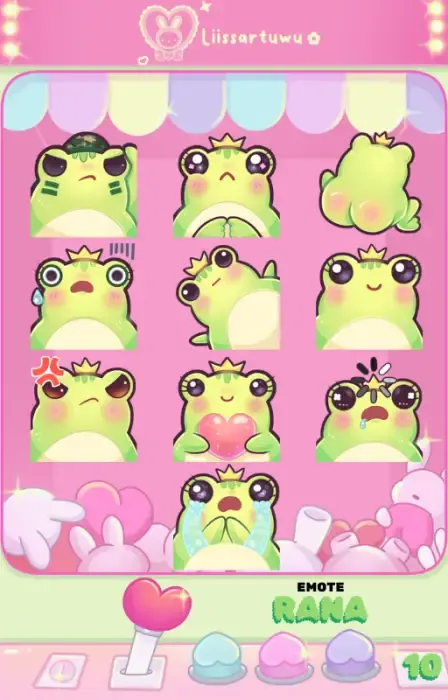 Pack of 10 emotes of a green frog with a crown in different poses: angry, crying, holding a heart, from behind and more