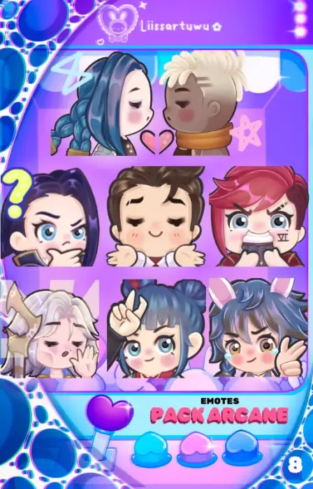 Pack of 8 Arcane character emotes with different expressions, including Jinx and Ekko kissing