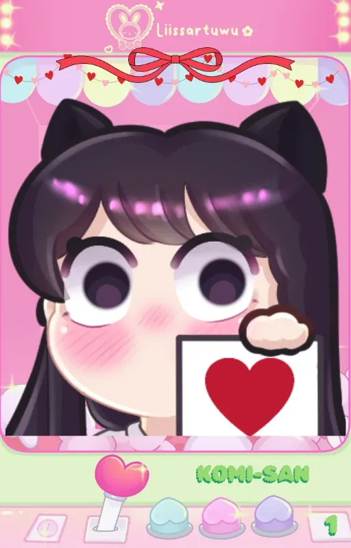 Komi-san with long dark hair and cat ears, blushing with wide eyes, holding a sign with a red heart