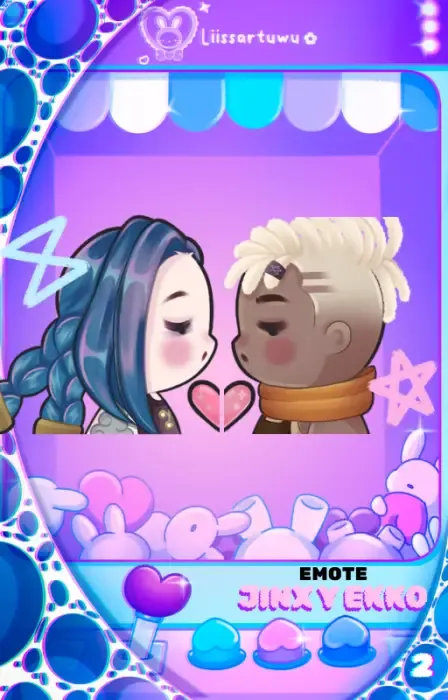 Jinx with blue braids and Ekko with platinum blond hair kissing with closed eyes, a split heart between them