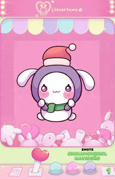 Animated white Cinnamoroll emote with a purple hood, a Santa hat and a green scarf