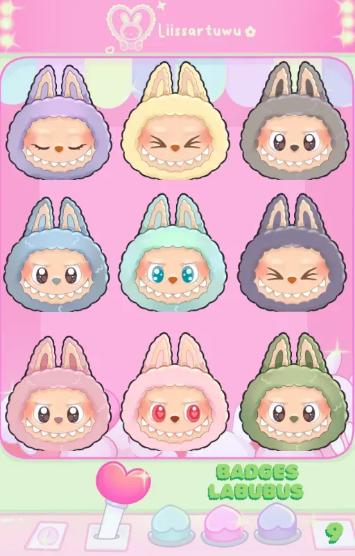 Nine Labubu badges in a grid, each with a different colored hood and a different expression