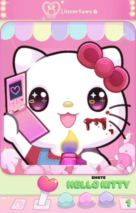 Hello Kitty emote with a red bow, blood on her mouth, a flip phone and a lit candle