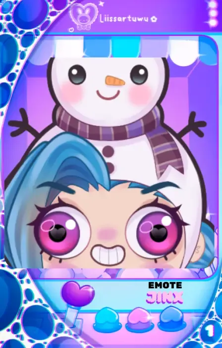 Jinx from Arcane with blue hair and pink heart-shaped pupils, a snowman with a scarf on her head