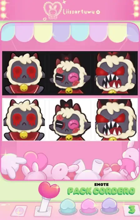 The three Cult of the Lamb Lamb emotes on dark and light backgrounds