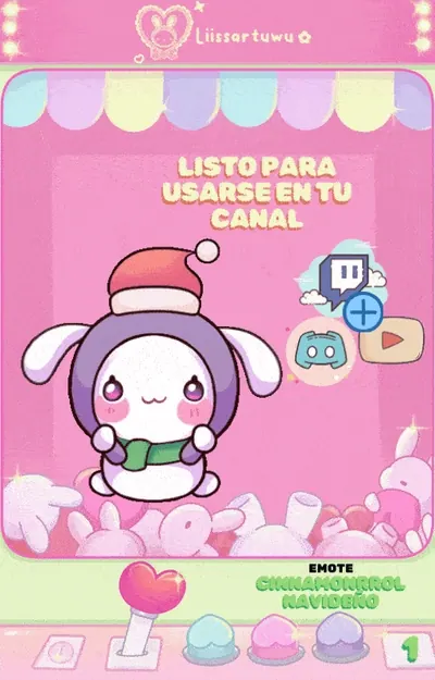 Animated Christmas Cinnamoroll with a red hat and green scarf, beside the Twitch, Discord and YouTube logos