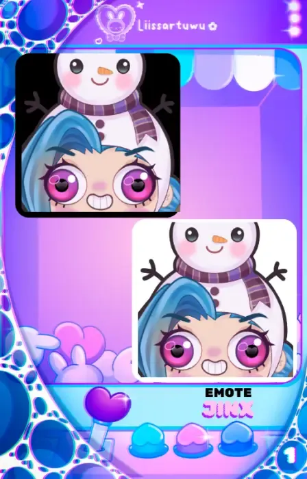 Jinx emote with a snowman shown on a black and on a white background
