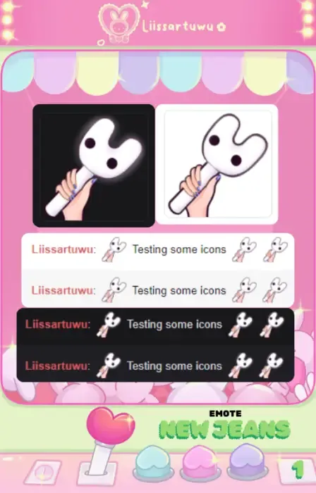 New Jeans light stick emote on dark and light backgrounds, and in sample chat messages