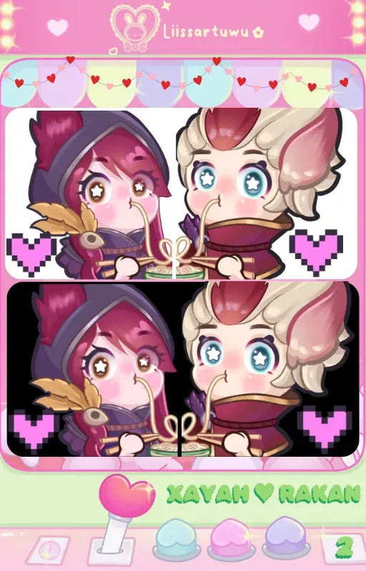 Xayah and Rakan noodle emote shown on a white and on a black background