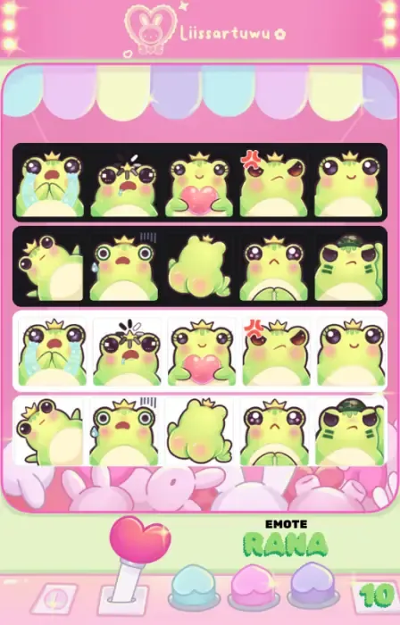 The 10 frog emotes on dark and light backgrounds in two rows of five