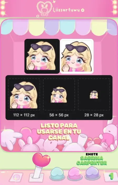 Sabrina Carpenter emote on dark and light backgrounds, shown at 112, 56 and 28 px