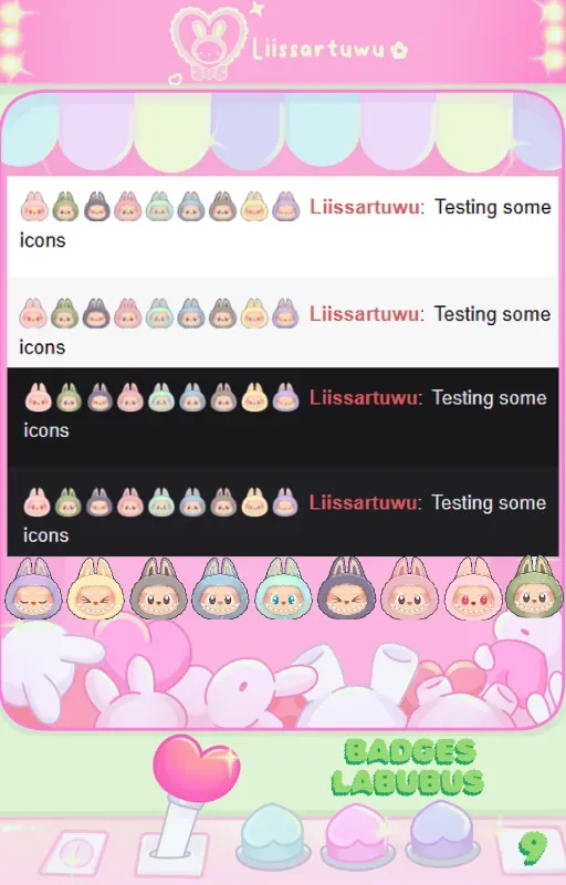 The nine Labubu badges shown in a chat line next to a username, on light and dark backgrounds