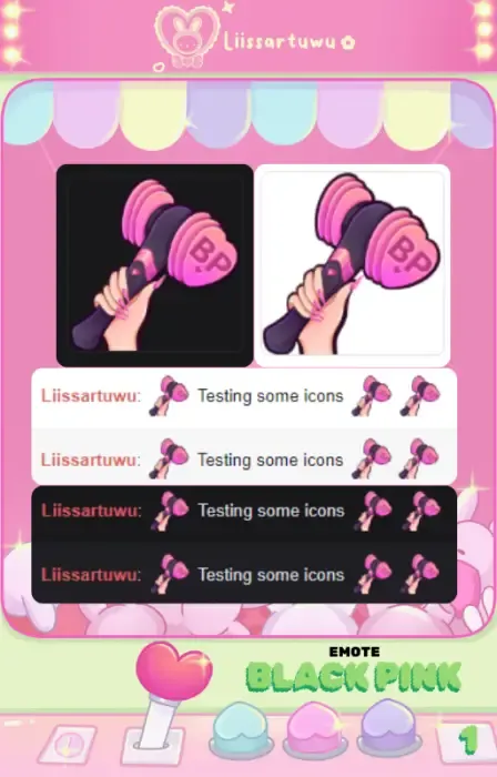 Black Pink light stick emote on dark and light backgrounds, and in sample chat messages