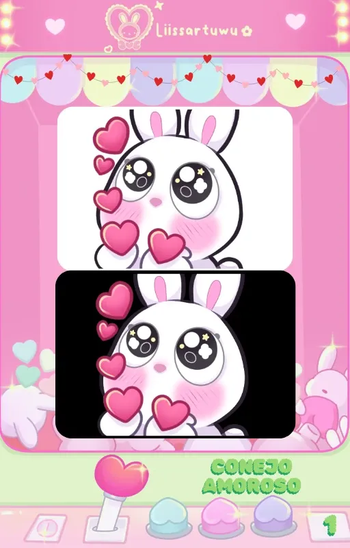 Bunny emote with hearts shown on a white and on a black background