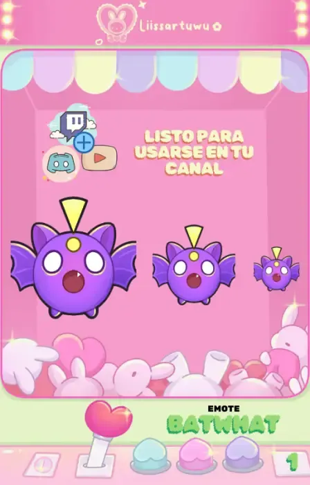 BatWhat emote in three sizes, beside the Twitch, Discord and YouTube logos