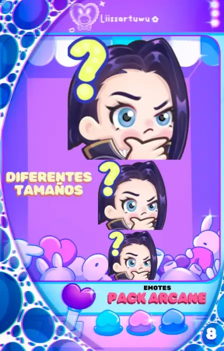 Caitlyn emote looking puzzled with a hand on her chin and a question mark, in three sizes