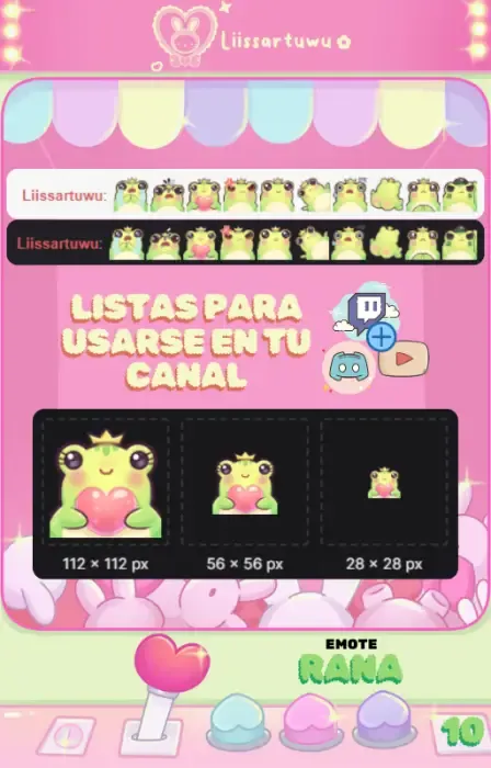 Frog emotes in Twitch chat and the heart frog emote at 112, 56 and 28 px