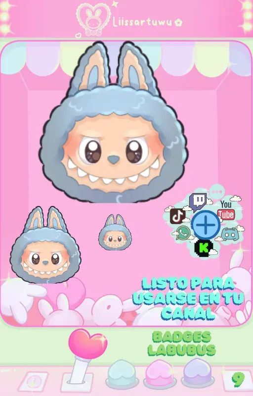 Labubu badge with a blue hood and brown eyes in three sizes, ready to use on a channel