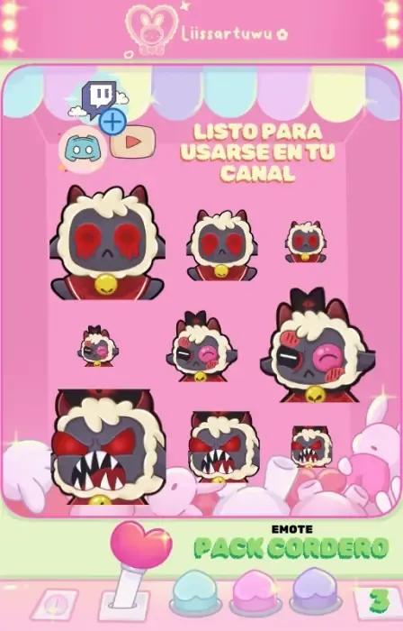 The three Cult of the Lamb Lamb emotes in three sizes, beside the Twitch, Discord and YouTube logos