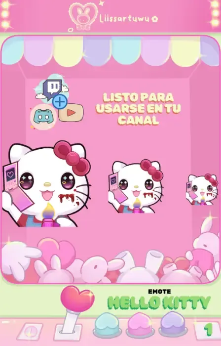 Hello Kitty Halloween emote in three sizes, beside the Twitch, Discord and YouTube logos