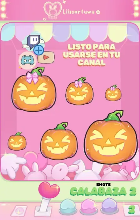 Six smiling pumpkins in different sizes, with and without a bow, on a pink background