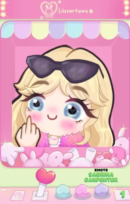 Chibi Sabrina Carpenter emote with blonde hair, sunglasses, pink feathers and a sassy gesture, no frame