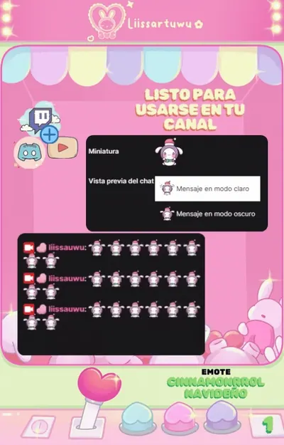 Preview of the Christmas Cinnamoroll emote as a thumbnail and in Twitch chat, in light and dark mode