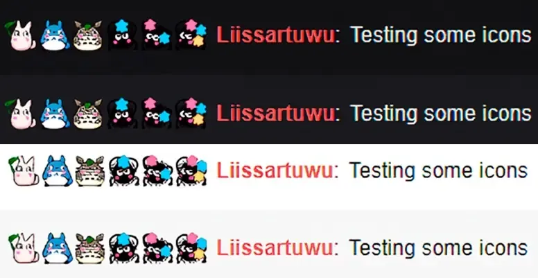 Custom sub badges shown next to a username in a Twitch chat, on dark and light backgrounds