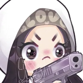 Animated chibi emote of an angry girl in a hoodie aiming a pistol