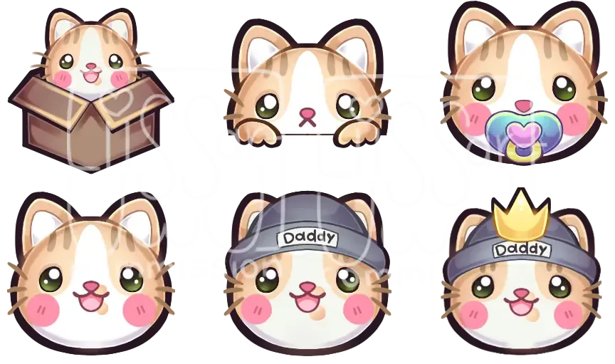 Set of six badges of an orange tabby cat in different poses