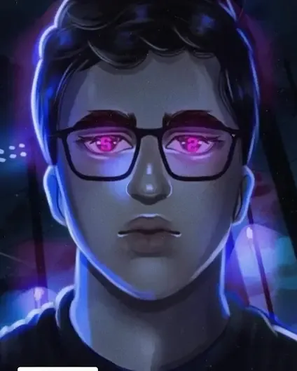 Portrait of a young man with glasses and glowing pink eyes in a dark blue and purple setting