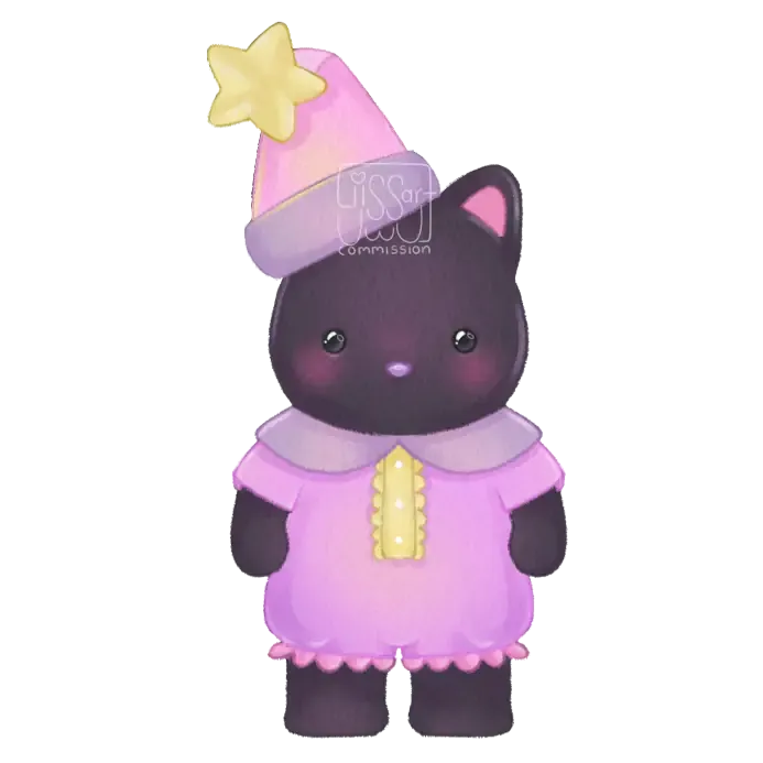 Cute black cat character in pink pajamas and a pink nightcap with a yellow star