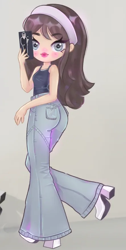 Illustration of a girl with long brown hair, a headband and flared jeans taking a selfie with her phone