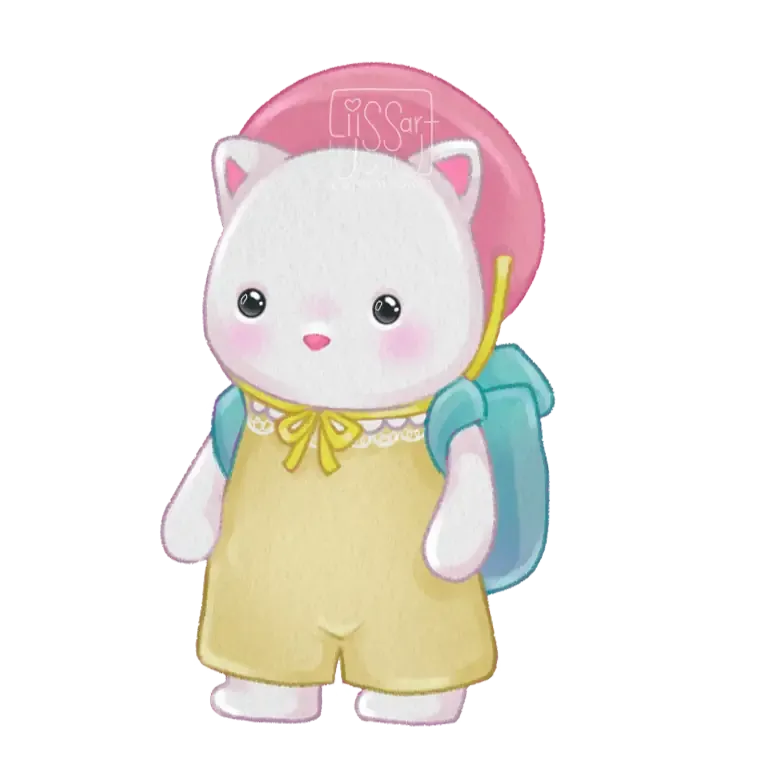 Cute white cat character with a yellow outfit, a teal backpack and a pink hat