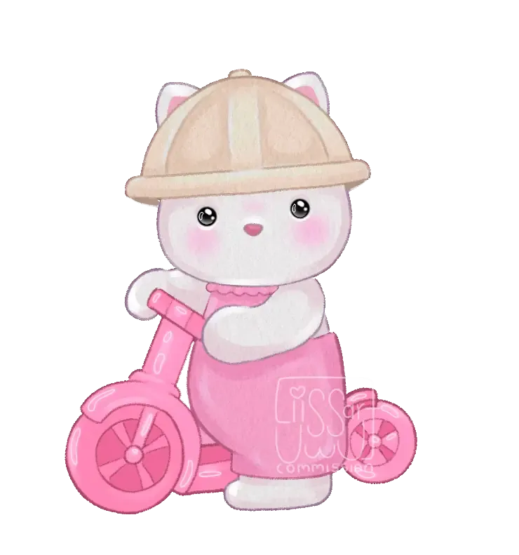 Cute white cat character in a pink outfit and a tan hat riding a pink scooter