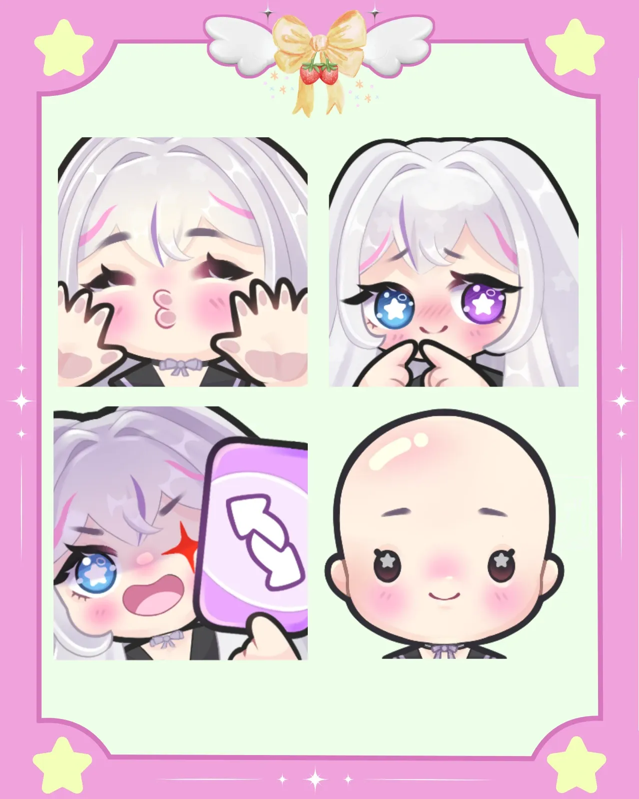 Custom emote set of a silver-haired character