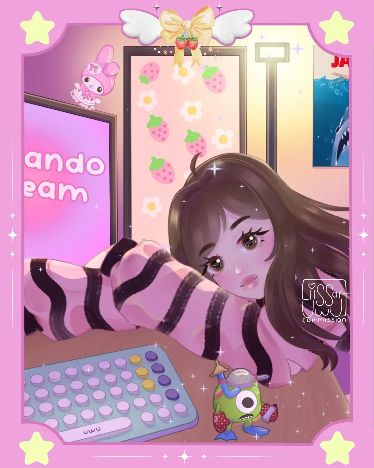 Cute illustration of a streamer at her setup