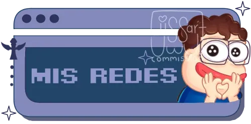 Twitch panel in a purple and blue pixel window style with the text MIS REDES and a cartoon character with curly brown hair and glasses making a heart with his hands