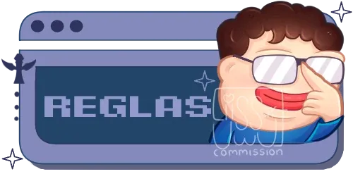 Twitch panel in a purple and blue pixel window style with the text REGLAS and a cartoon character with curly brown hair pushing up his glasses