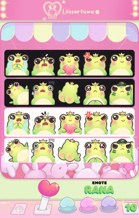 Paquete de 10 emotes de ranitas tiernas, en diferentes poses para Twitch y Discord